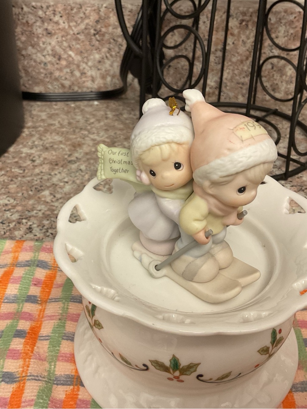 Precious Moments Pink & White Skiing Couple Figurine Ornament